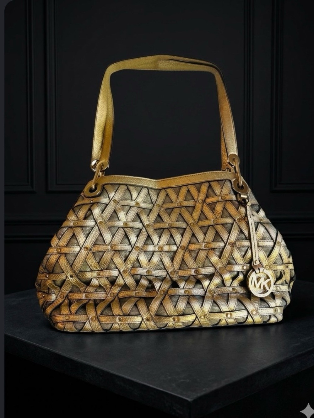 Michael Kors "Raven" Metallic Studded Shoulder Tote Bag retail $548